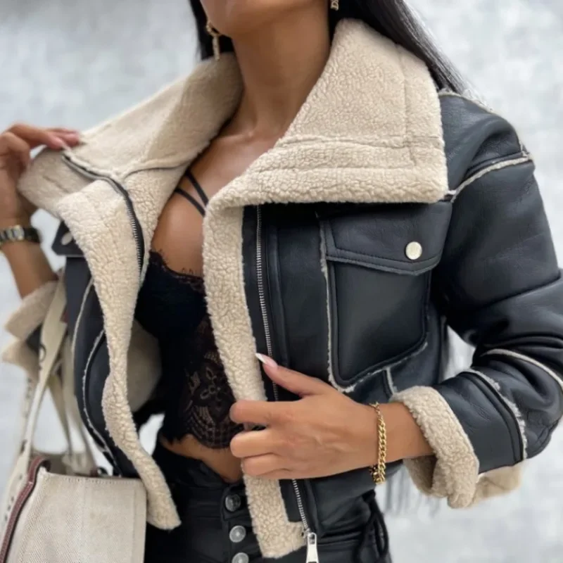 

Faux Leather Jackets Women PU Short Thick Warm Black Outwear Female Aviator Retro Lapel Velvet Coat New Year Winter Tops YDL06