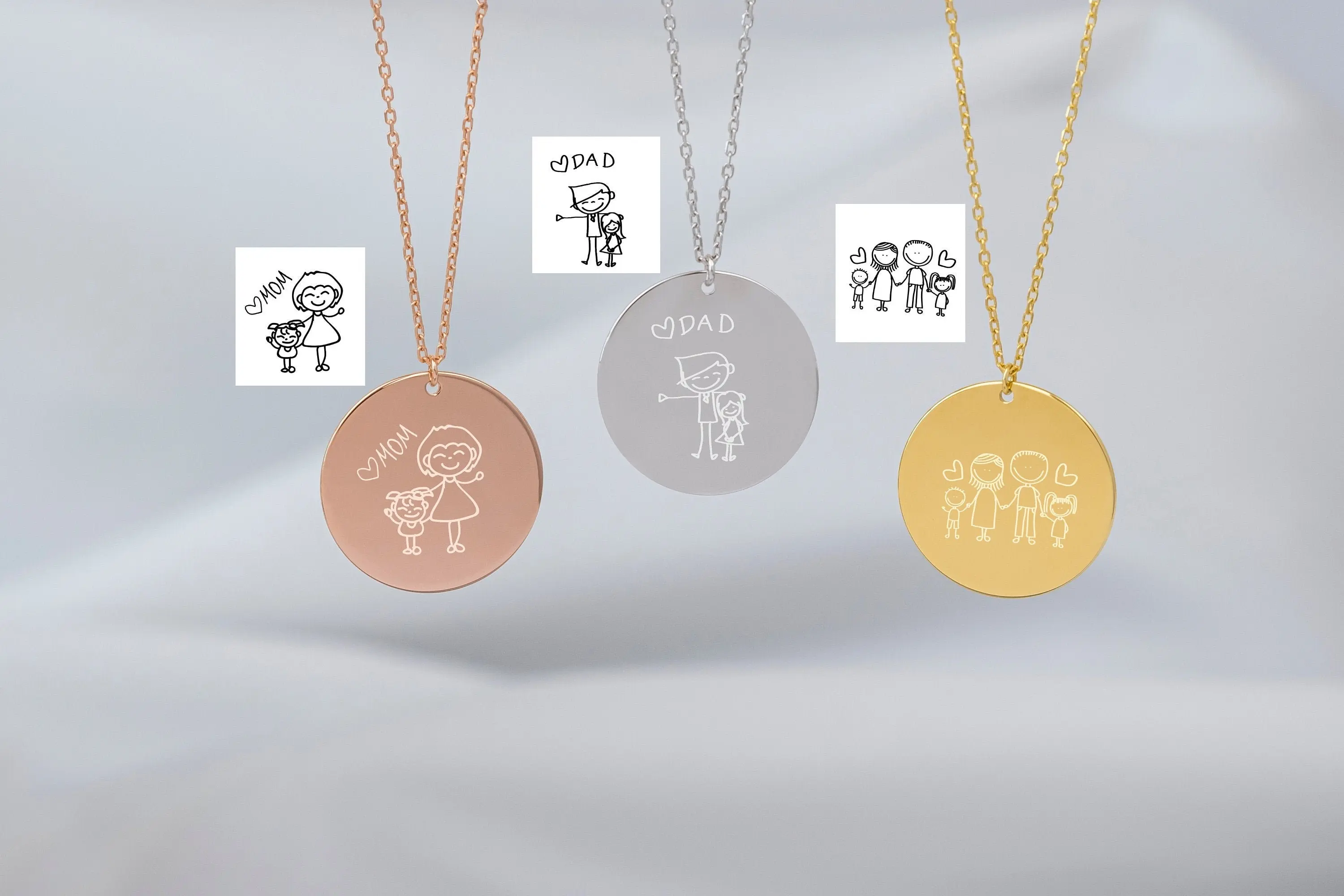 925 Silver Engraved Disc Necklace Personalized Gift for Mom Custom Kid's Handwriting Necklace Children Artwork Necklace