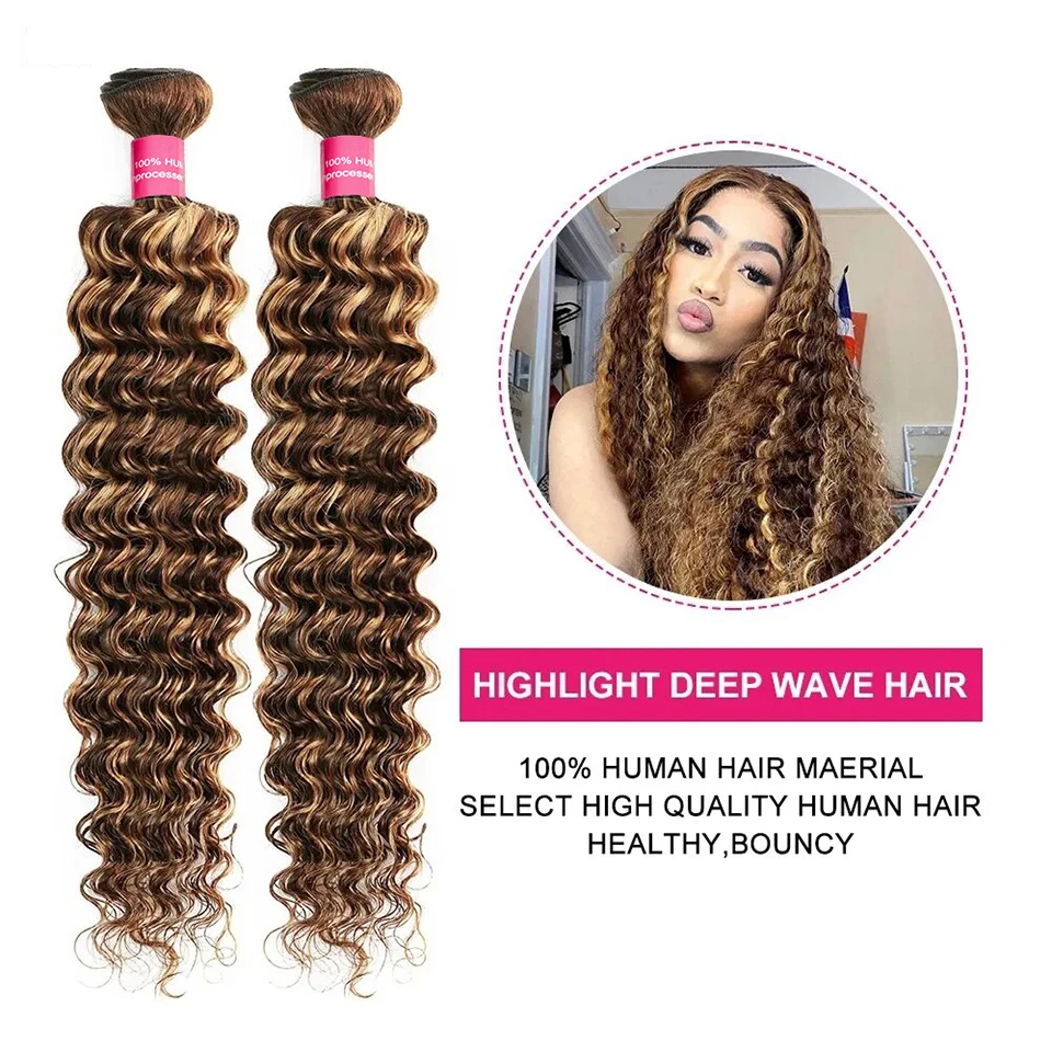 Highlight Deep Wave Bundles With Closure 4/27 Deep Curly Human Hair With 4x4 Closure Remy Hair Extensions Beaushine Hair