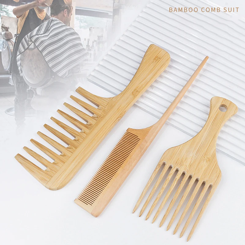 

Accept Logo Customization Natural Bamboo Wooden Hair Comb Set Anti-Static Afro Fork Combs For Women Round Wide Teeth Wood Comb