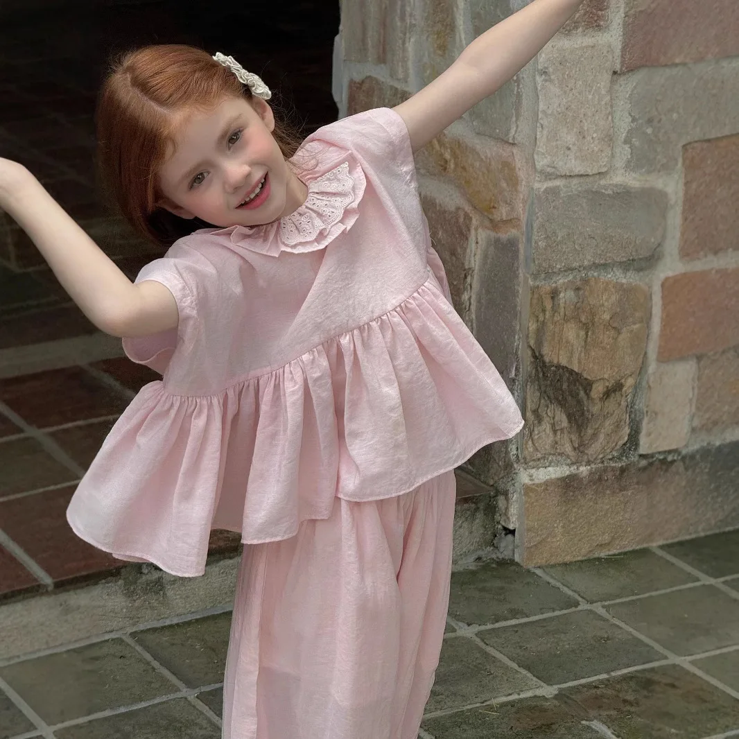 

2025 Summer New Children Clothing Korean Girls Pink Lace Collar Doll Shirt Set Children Mosquito Proof Pants Two Piece Set