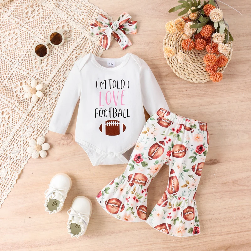 

Baby Girl s 3 Piece Summer Set Rugby Print Long Sleeve Romper Floral Flare Pants Bow Headband Infant Toddler Outfits