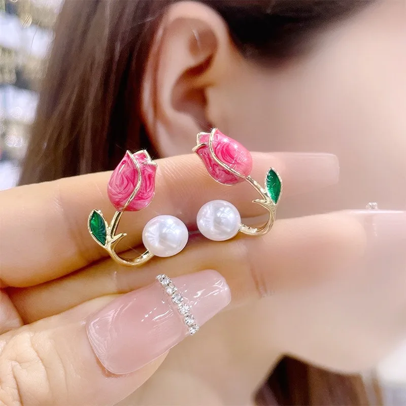 Women's Pink Tulip Flower Pearl Stud Earrings Two Ways To Wear Ear Studs for Girls Light Luxury Design Earrings Party Jewelry