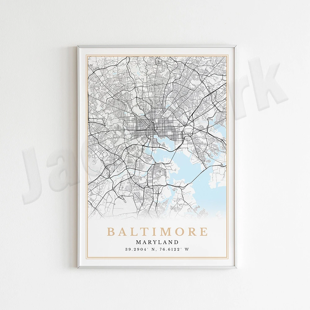 مطبوعات بالتيمور، ماريلاند بالتيمور، خريطة بالتيمور، ملصق سفر بالتيمور، طباعة ملصق سفر بالتيمور لديكور جدران المنزل #3