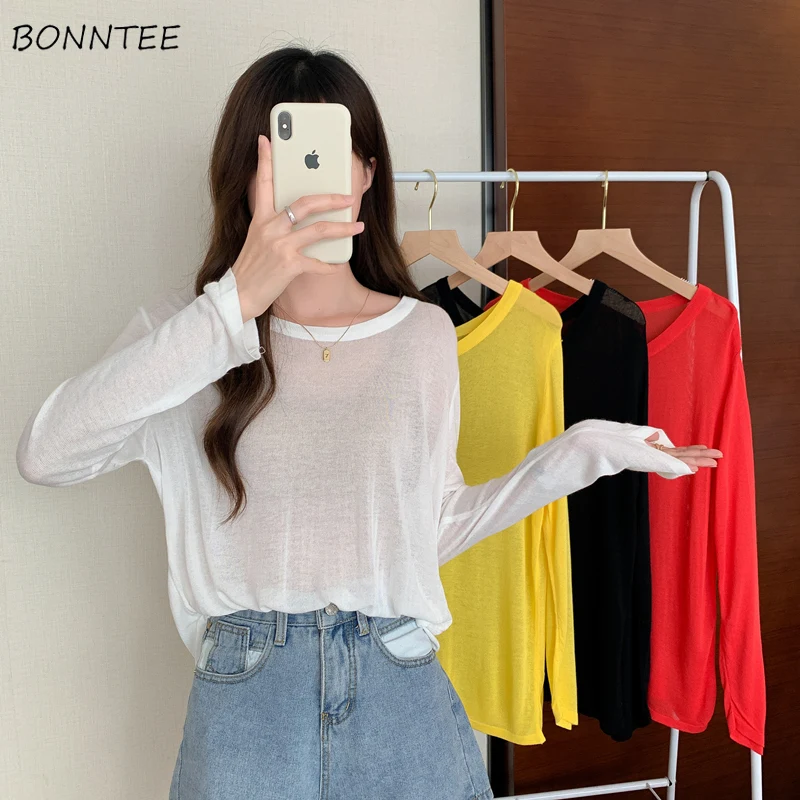 Sun-proof T-shirts Women 4 Colors Pure All-match Casual Ins Elegant Long Sleeve Thin Summer Harajuku Vintage New Arrival Ulzzang