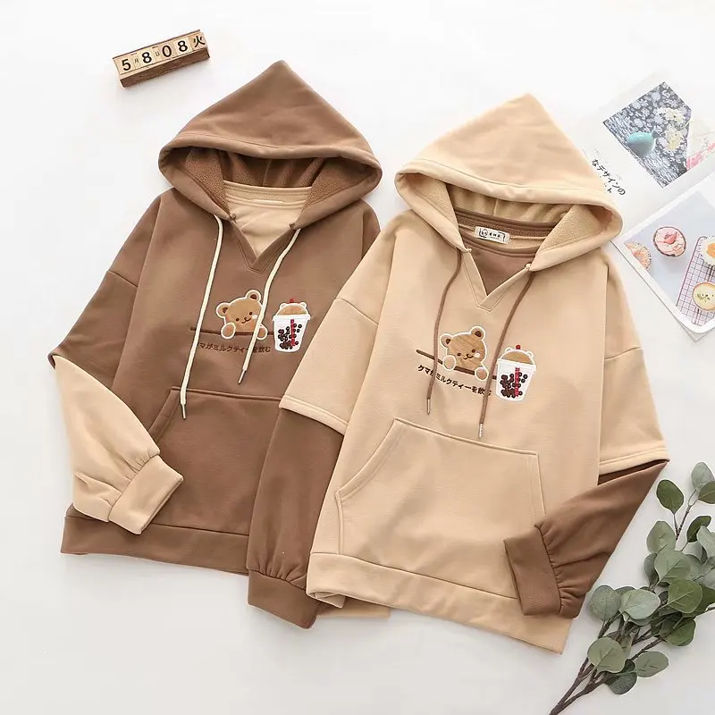 

Japanese Sweet Mori Girl Cartoon Bear Embroidery Fleece Hooded Sweatshirts Women Winter Long Sleeve Casual Pullover Hoodies