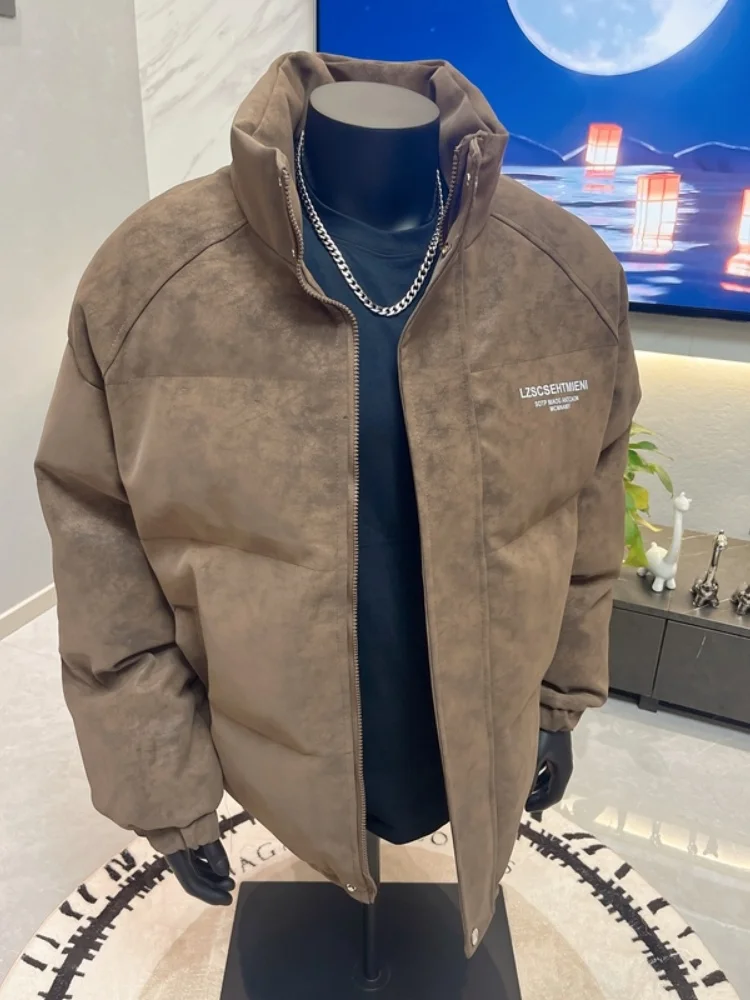 

Мужская зимняя утепленная куртка из матовой искусственной кожи и хлопка в американском ретро-стиле с воротником-стойкой, свободного кроя