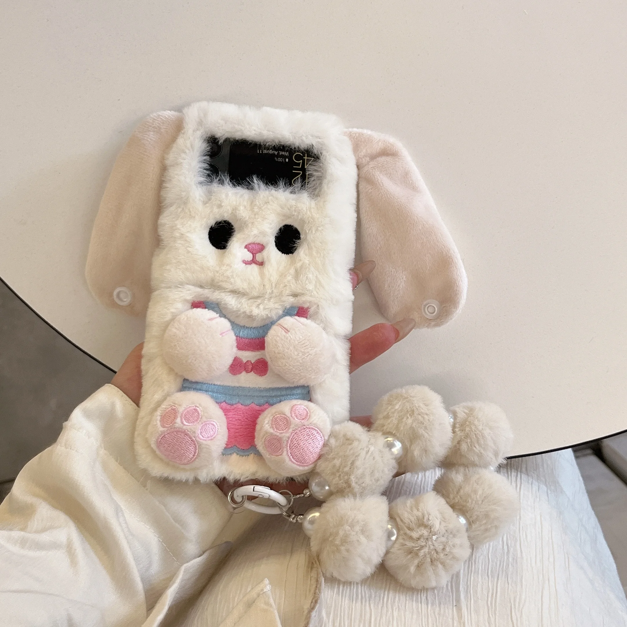 For Oppo Find N2 N3 Flip Luxury Plush Cute Long Fur Ear Rabbit Bunny Fold Screen Wrist Chain Phone Case Cover