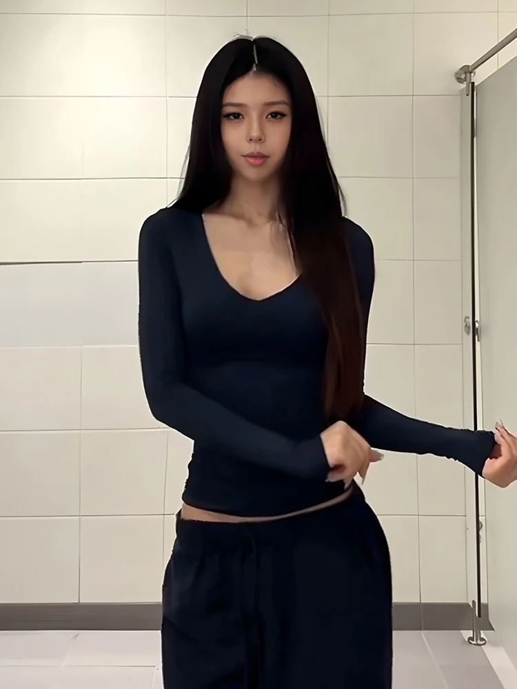 American Sle Hot Girl Long Sve V-Ne T-Shirt Damen Herbst New Slim Fit Elastic Base IRT Inner Wear Top Baumwollmischung