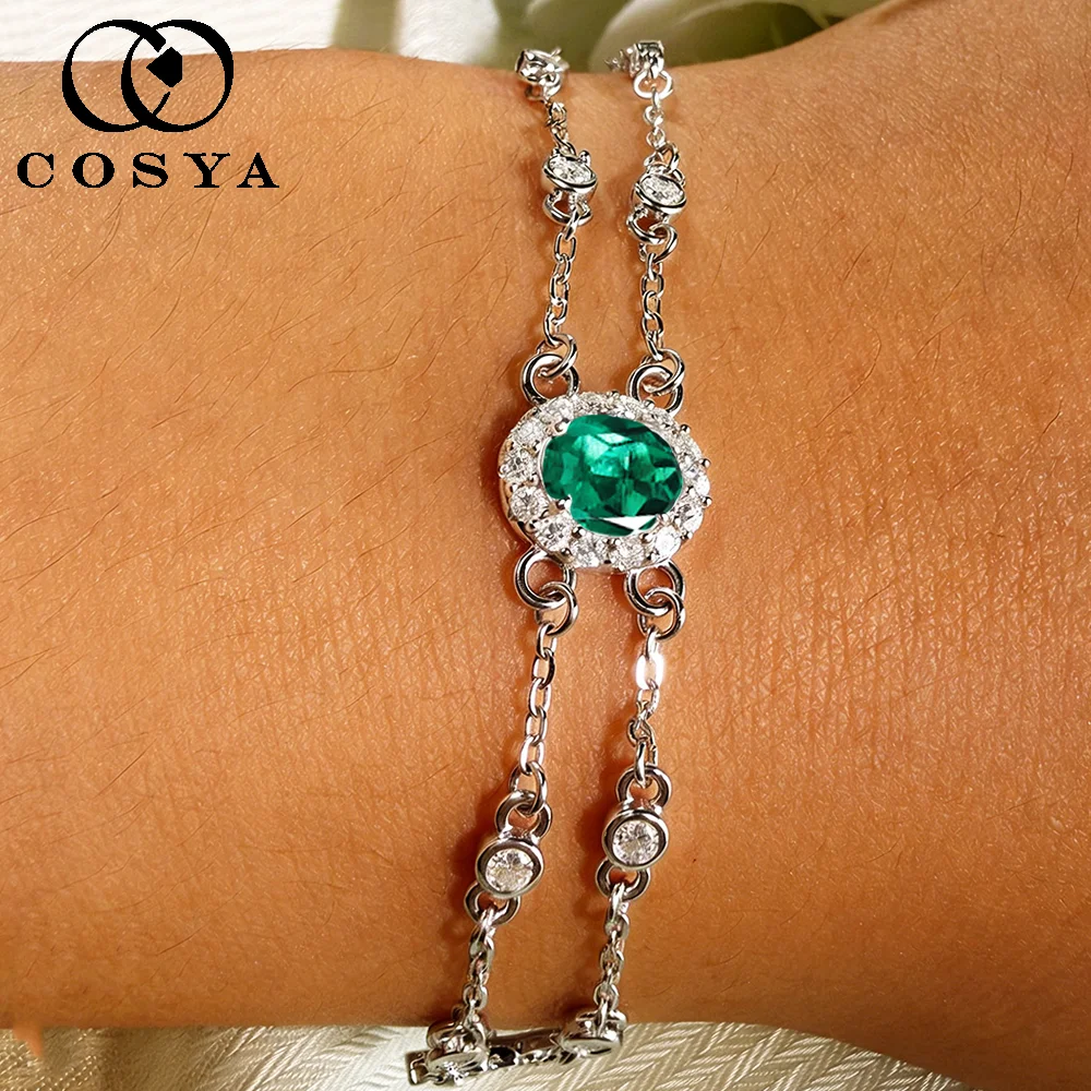 

COSYA 1CT 5*7MM Oval Cut Lab Grown Colombian Emerald/Moissanite Bracelets S925 Silver Halo Adjustable Chain Jewelry for Women