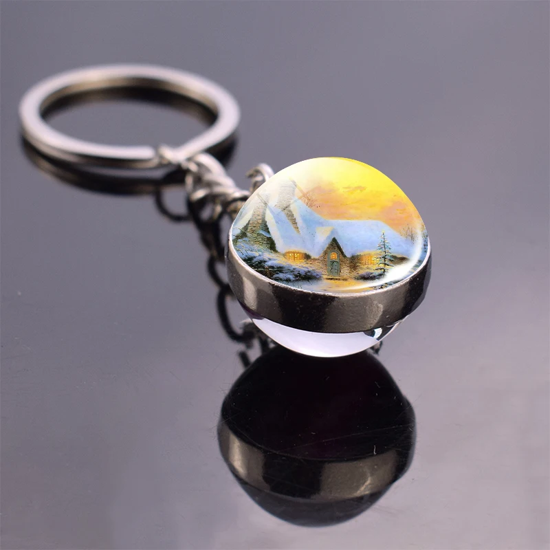Snow House Keychain Double Sides Christmas Tree Glass Ball Key Chain Car Keyring Christmas Gift