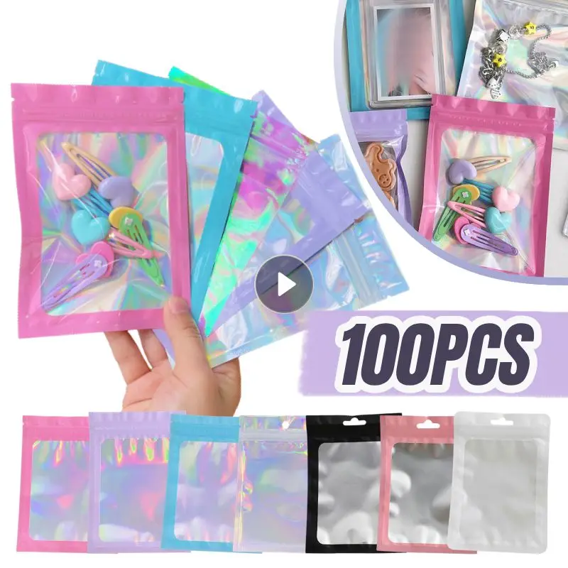 100pcs Translucent Resealable Laser Zip Lock Bags Holographic Iridescent Bag Jewelry Necklace Cosmetics Plastic Packaging Pouch