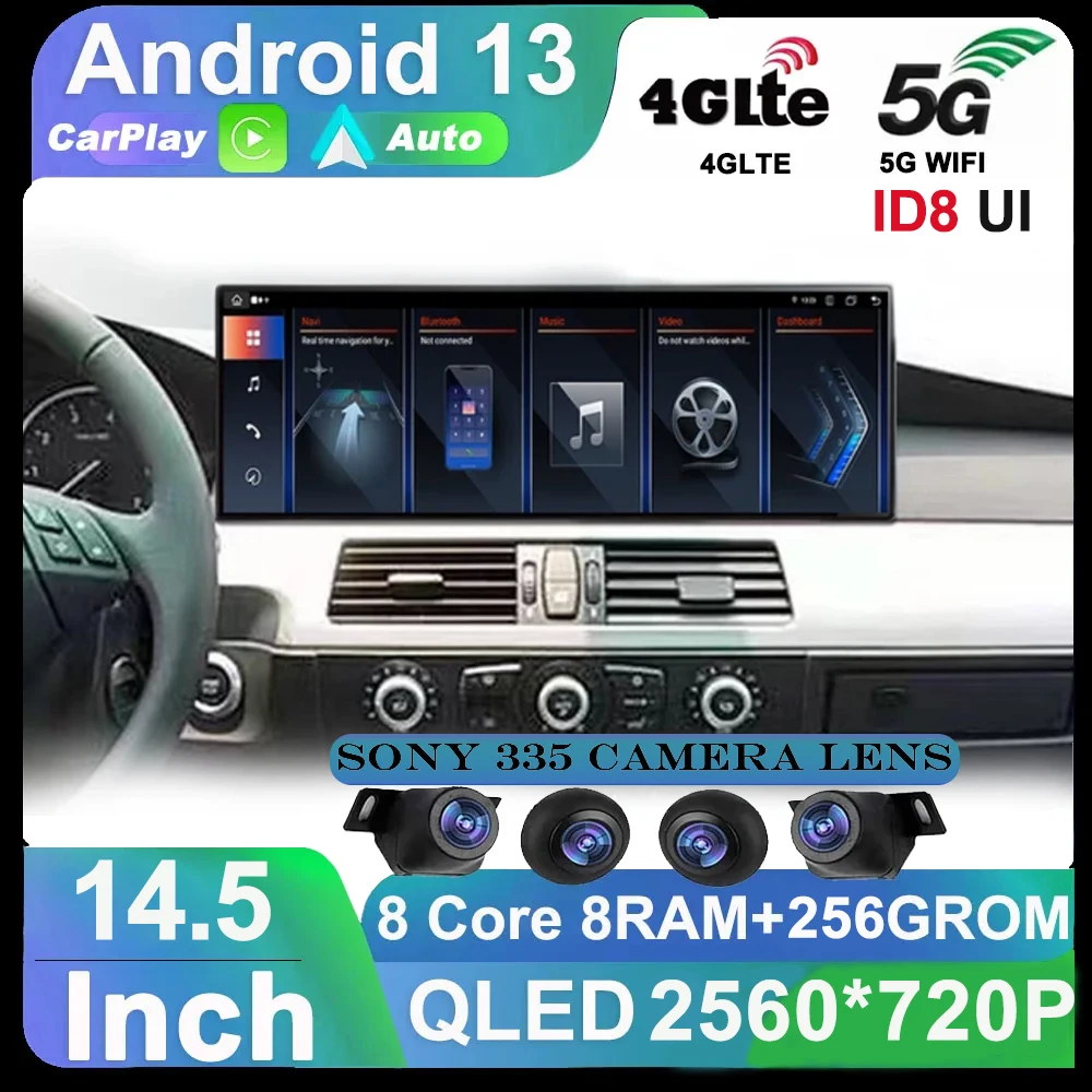 

14,5 "Android 13 Carplay Автомобильный мультимедийный QLED экран для BMW E60 E61 E90 CIC CCC ID8 GPS WIFI 4G BT