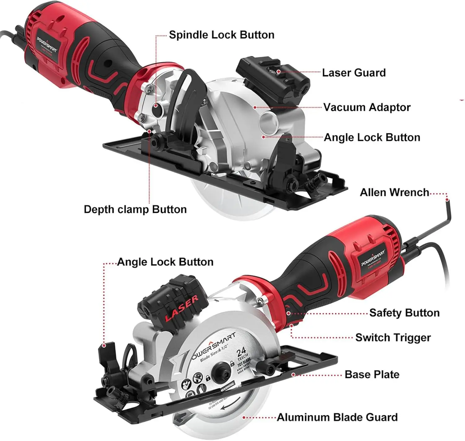 PowerSmart 5.8 Amp 4-1/2 Inch Mini Circular Saw with 4 Blades for Woods, Tile, Soft Metal and Plastic