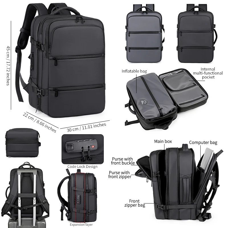 Mochila para Hombre para Viajes de Negocios, Gran Capacidad, Expandible, Multifuncional, Mochila de Viaje con Compresión al Vacío para Hombre