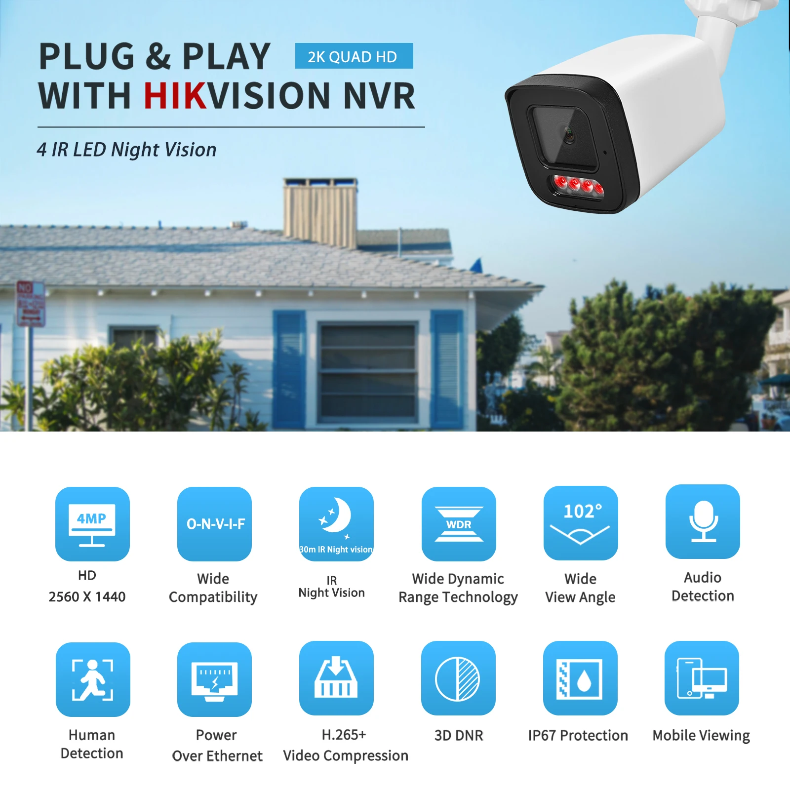 Vikylin Hikvision Compatible 4MP 25PFS IR Night Vision IP Camera MIC Human Car Detection Home Outdoor IP67 POE Security Camera