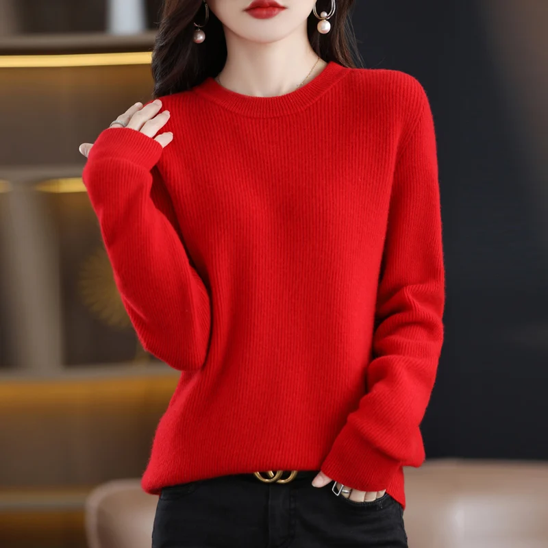 Autumn and winter 100% pure sweater ladies new round neck solid color vertical long sleeve fashion classic knitted pullover