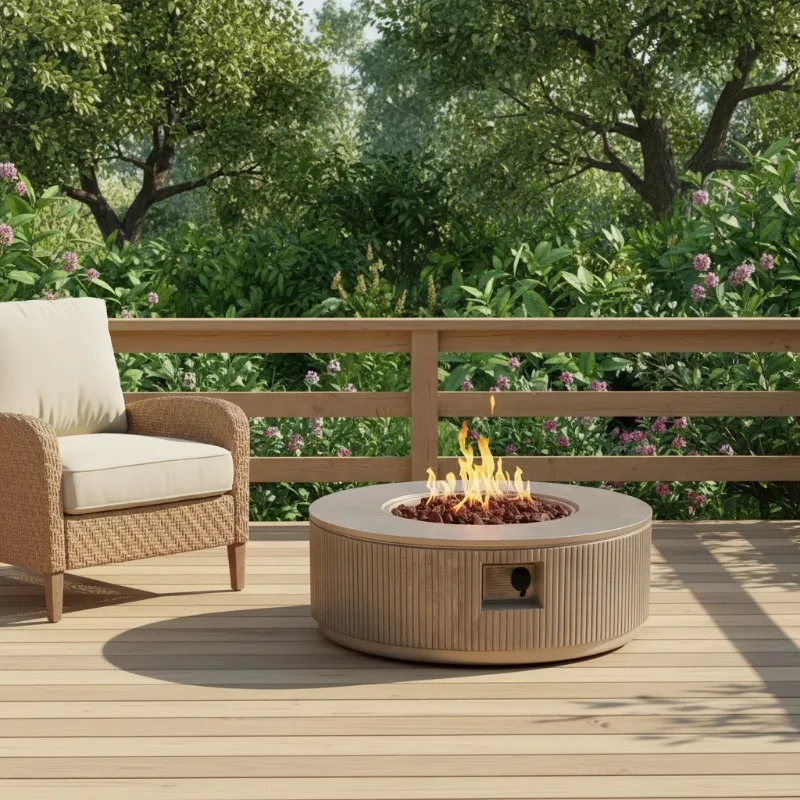 Outdoor gas brazier propane fire pit with 50,000 BTU of heat, eco-friendly design, with glass beads