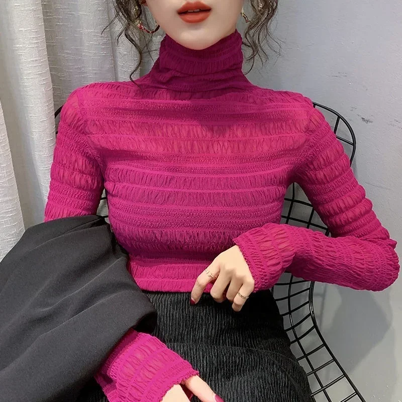 Women Transparent Mesh Shiny T Shirt Club Party Black White Blue Long Sleeve Tee Sexy Thin Female Bottoming Blouses Ladies Tops view 5