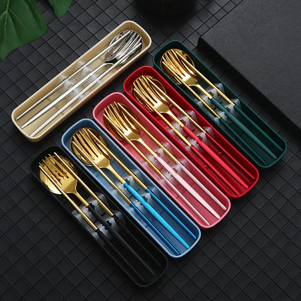 4Pcs Gold Portable Tableware Cutlery Set With Box Spoon Fork Chopsticks Set Stainless Steel Lunch Dinnerware Kitchen Accessories