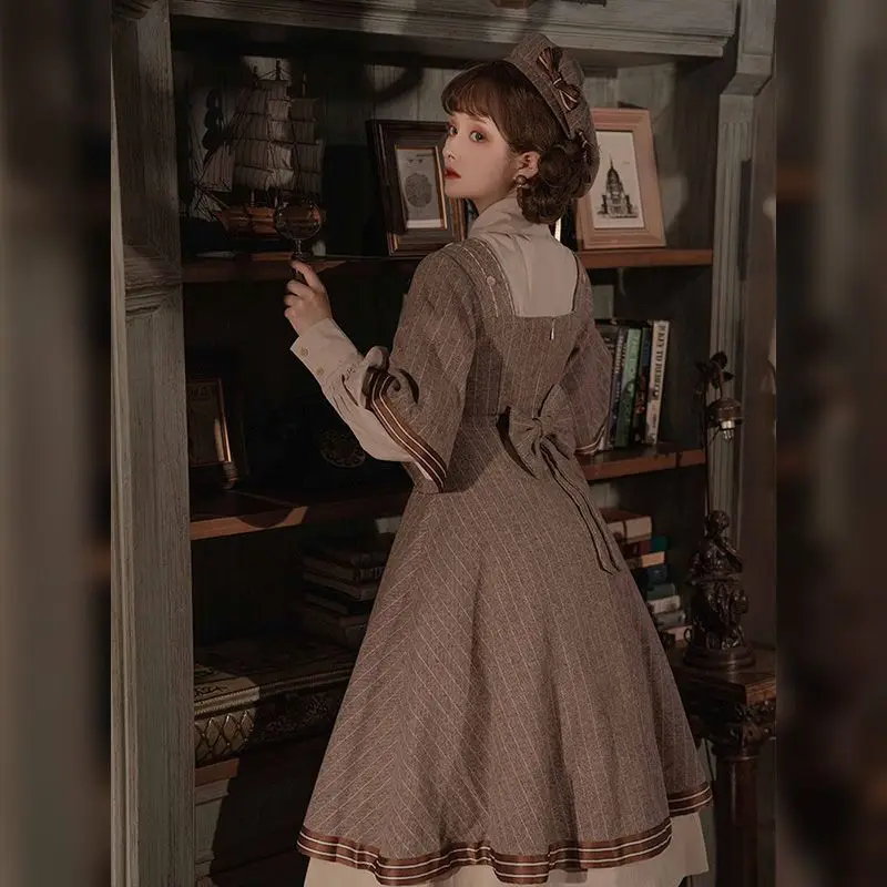 Coalfell Autumn and Winter Military Style Temperament Vintage Detective Woolen Dress with Tie Lolita 2023 New Edition