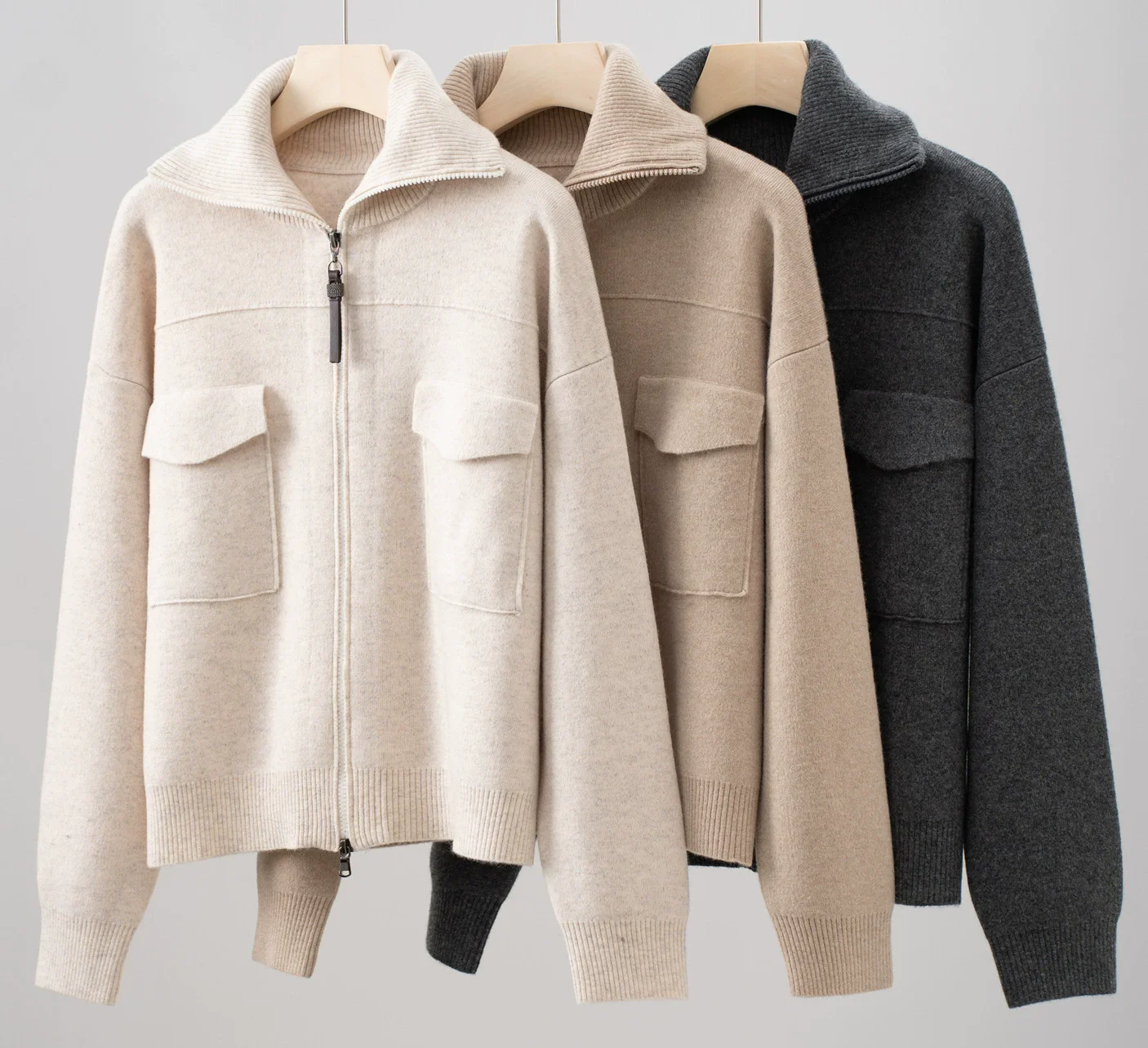 

Turtleneck Cardigans Coat Outerwear 2025 Autumn Winter Clothes Women Pocket patchwork Long Sleeve Wool Cashmere Coats Khaki Grey