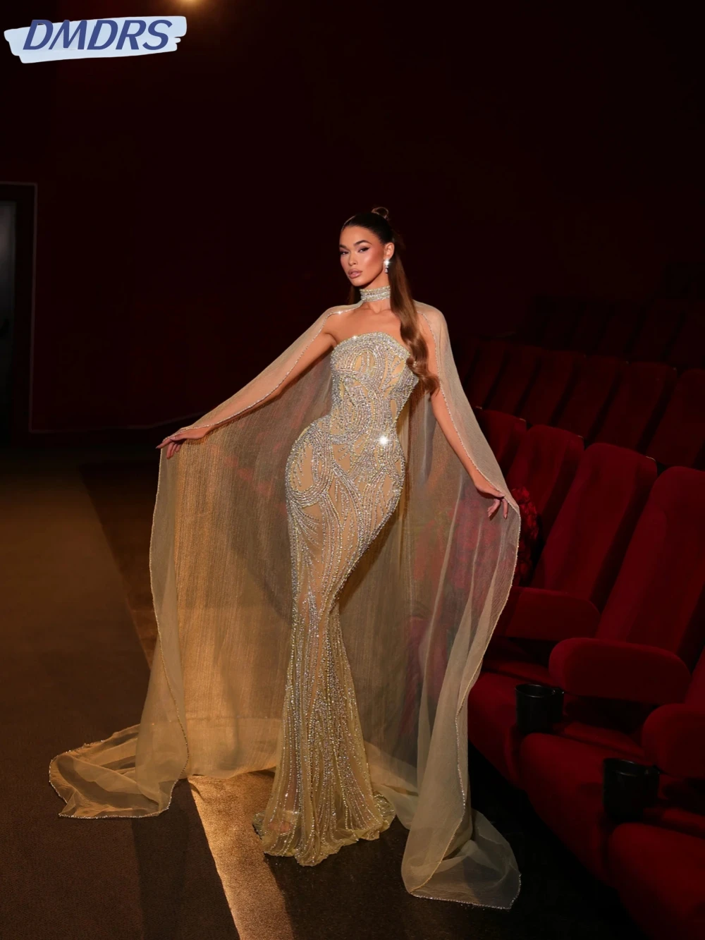 

Detachable Cape Beaded Mermaid Long Evening Dress Illusion Strapless Wedding Party Gown Customized Luxury Glitter Prom Dresses