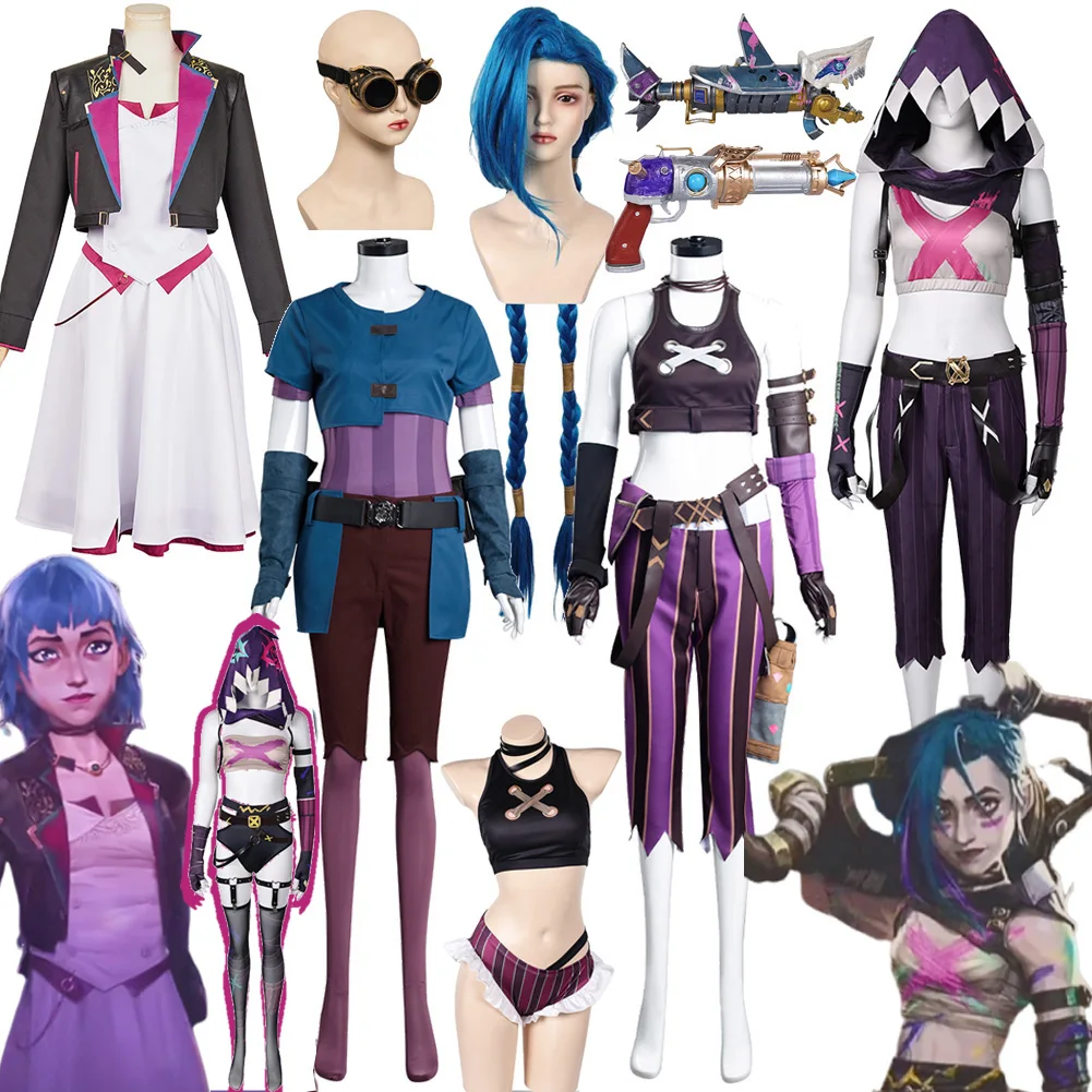 

TV 2 Arcane Jinx Cosplay Game LoL Fantasia Costume Wigs Cloak Finger Covers Gloves Props Set Cloth Powder Jinx Outfits Halloween