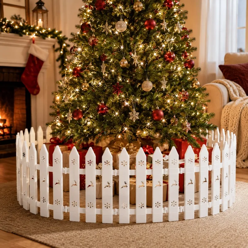 10/15pcs White Christmas Tree Fence, PVC Cutout Deer Snowflake Yard Decor for Indoor Outdoor Home Holiday Party