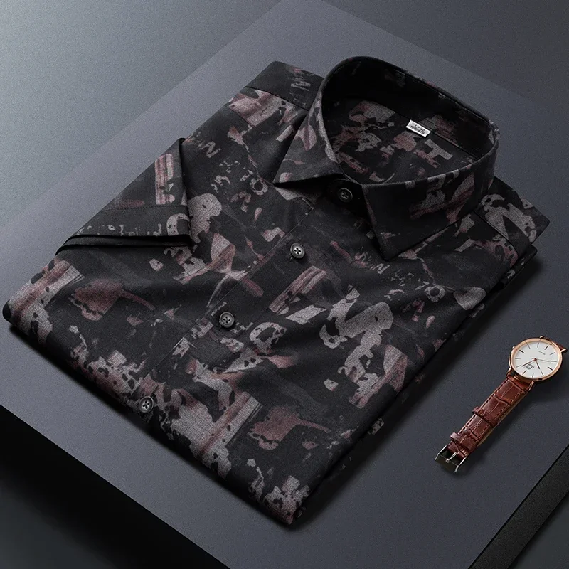 

Summer New Men Short Sleeve Stretch Bamboo Fiber Dress Shirts Printed Soft Fashion Social Thin Smart Casual Shirt For Men