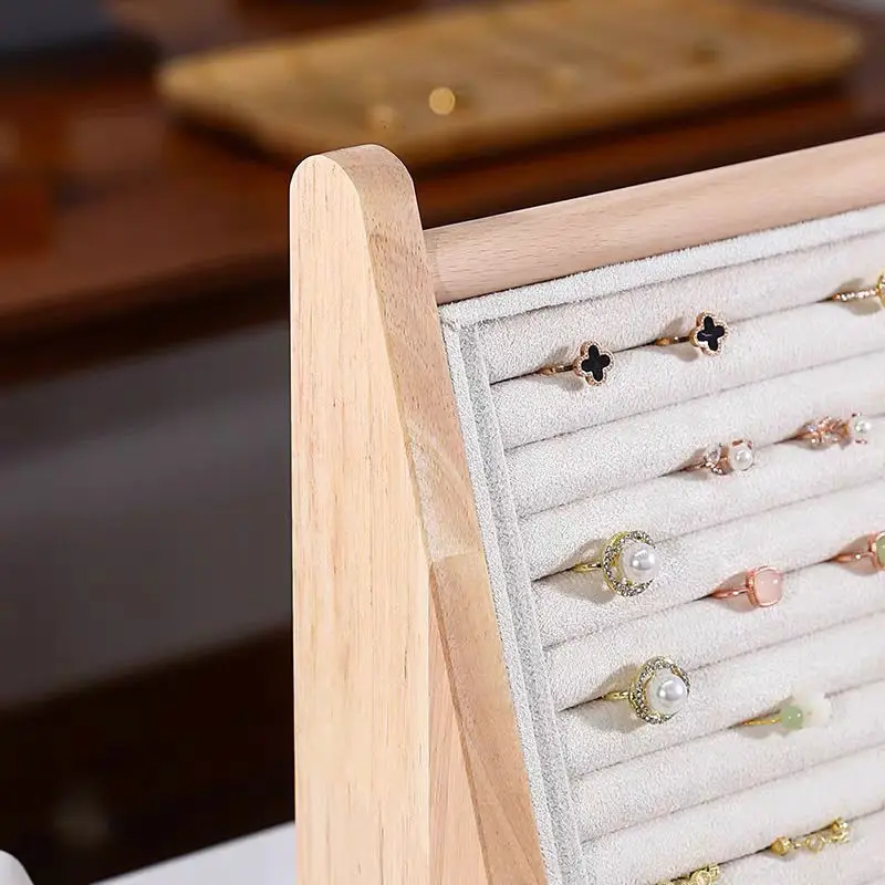 Solid Wood Slanted Display Stand, Multi-Level Ring Earring Necklace Organizer, Vertical Jewelry Tray for Live Streaming