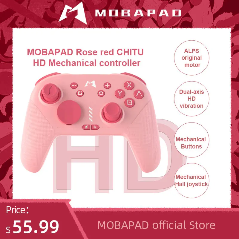 MOBAPAD CHITU Rose red HD vibration  Mechanical controller Hall joystick,Mechanical button,ALPS linear motor for Switch,PC,Phone