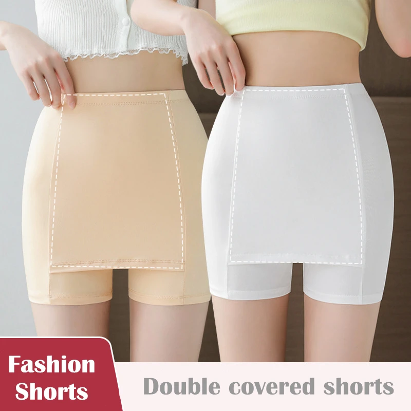 Summer Double Protection Safety Shorts for Women Ice Silky Seamless Stretchy Cozy Pants Sensitive Area Covered Outwearing Shorts