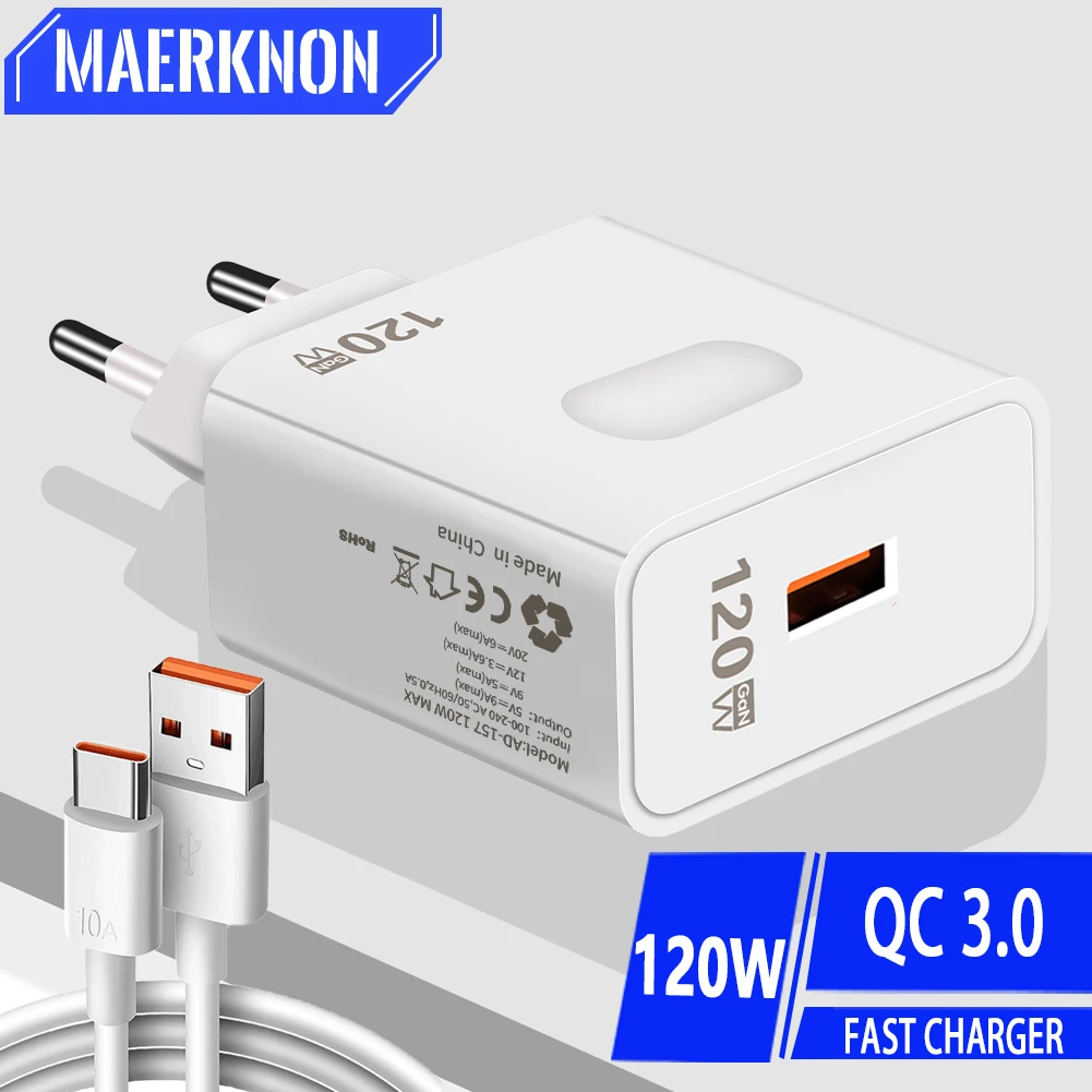 Ładowarka USB GaN 120 W Quick Charge 3.0 typu C Kabel do szybkiego ładowania telefonu komórkowego Adapter do iPhone Huawei Samsung Xiaomi