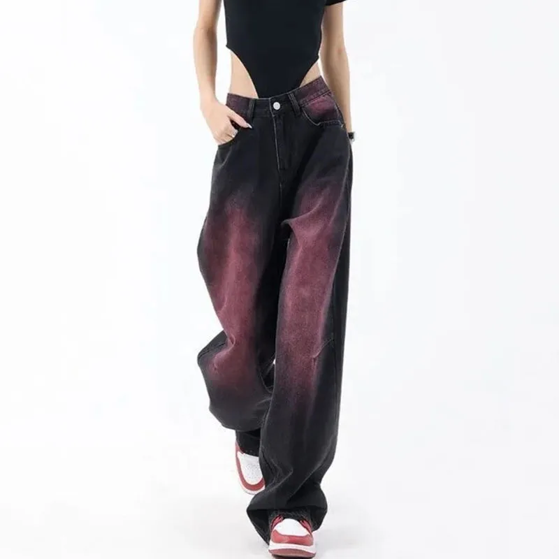 

Women's Jeans 2025 New Chinese Black Powder Tie Dye Jeans Women's Spring Summer High Street Design Sense Straight Leg Pants H285