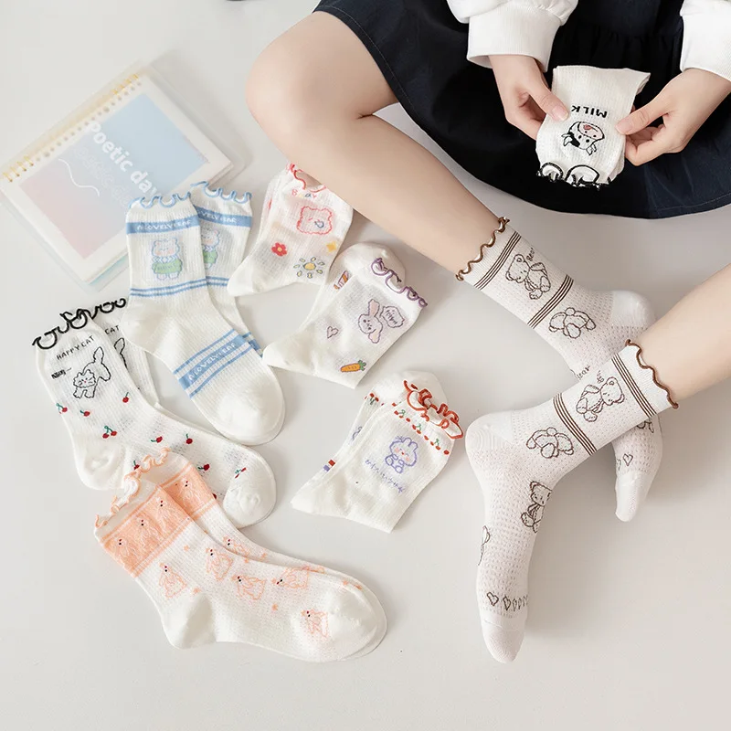 Cute Spring/Summer Thin Mesh Hollow Breathable Mid Cap Cotton Socks Japanese cartoon lace pile socks