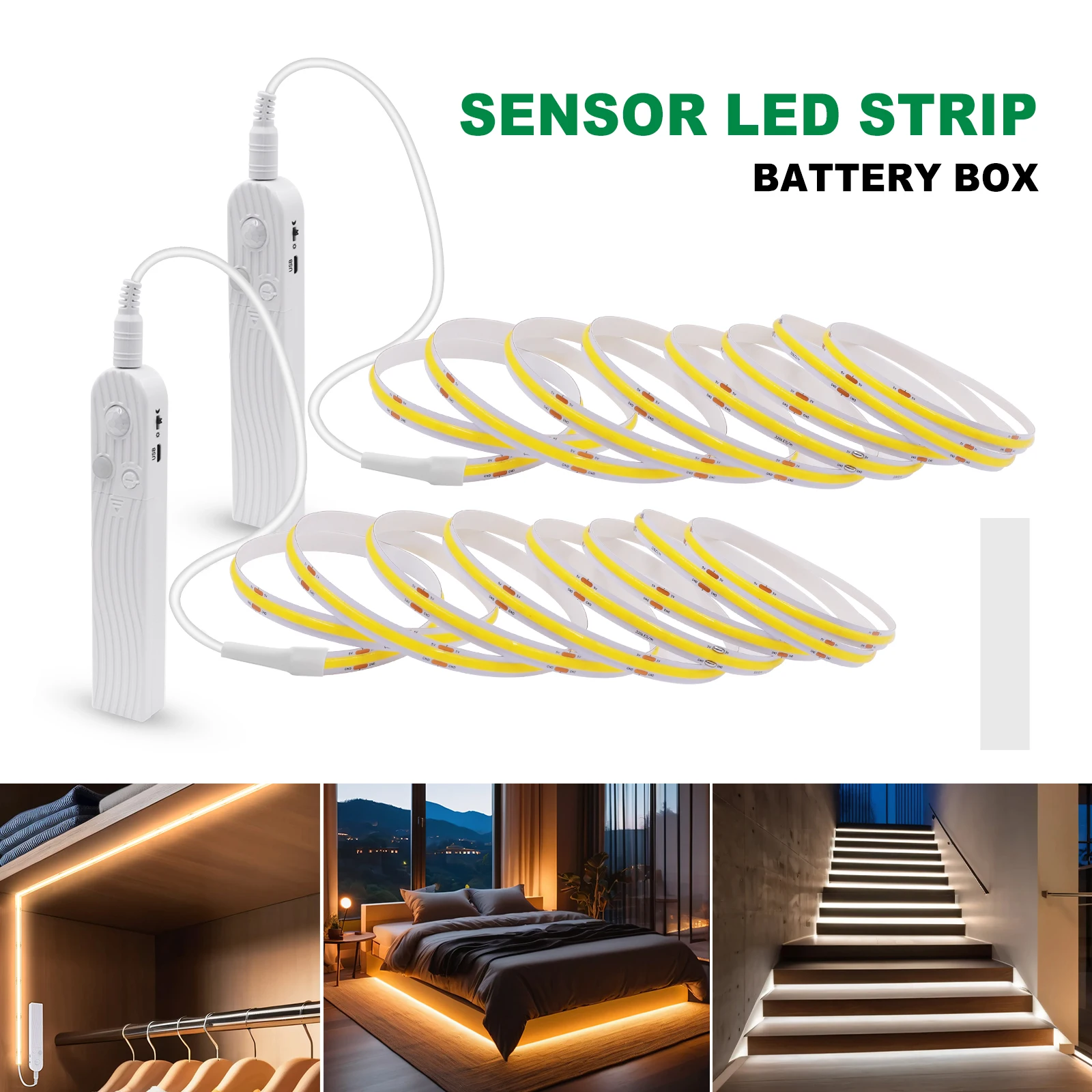 DC 5V LED COB Strip 8MM Battery USB Wireless With Motion Sensor 320LEDs/M Night Light Kitchen Stairs Wardrobe Bed Cabinet Side