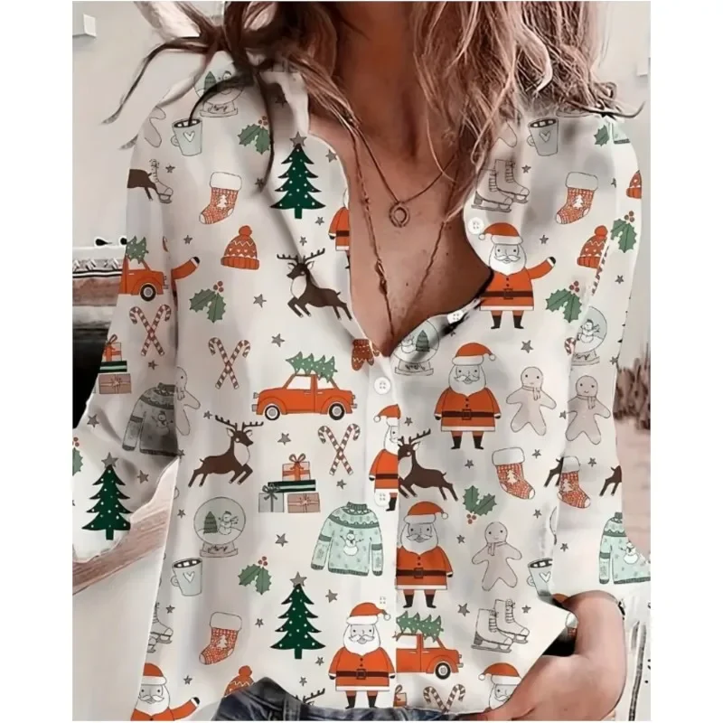 New Christmas Style Womens Long Sleeve Shirts Fashion Street Clothing Autumn Tops Christmas Santa Claus Snowman Shirts Ladies