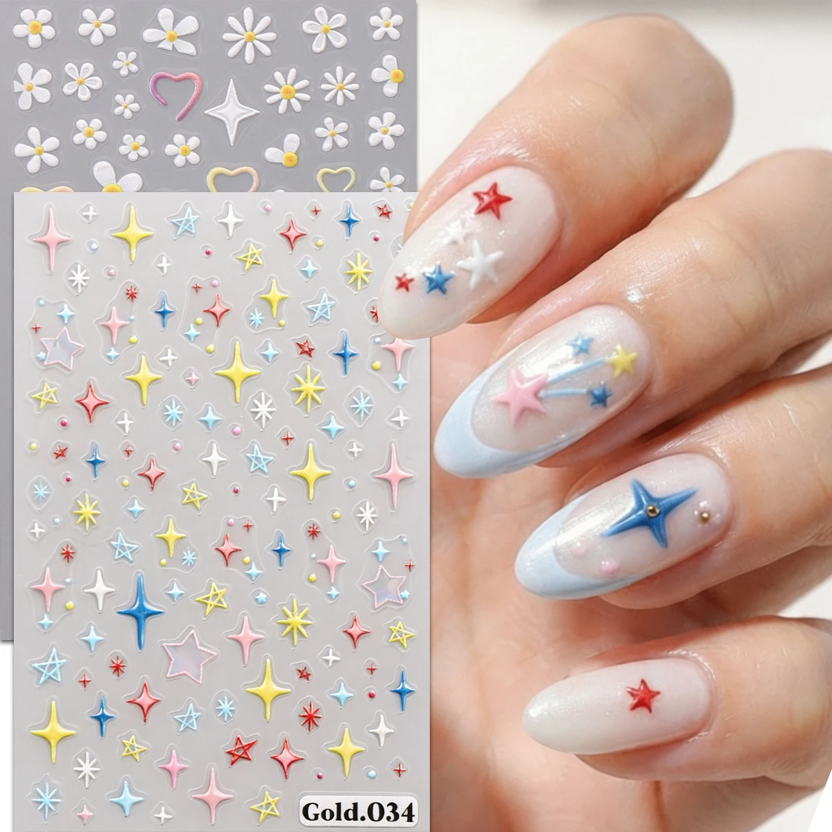 2/4Pcs Macaron Color Embossed 3D Nail Decals Four Pointed Star Daisy Flower Gradient French Tip Professional Nail Tech Supplies