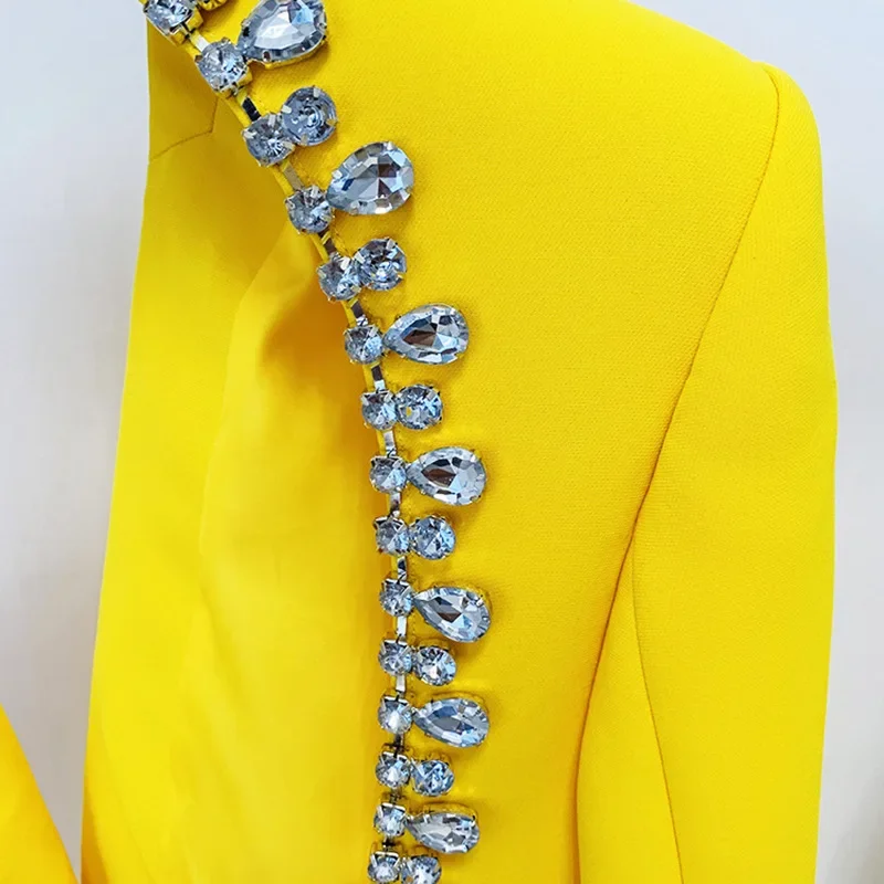 Yellow Ladies Suit Jacket Birthday Party Personality Backless Diamond Rhinestones Beaded with Diamonds in The Long Section.