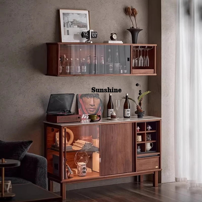 Color grid solid wood, dining side cabinet, living room dining room locker, medieval style