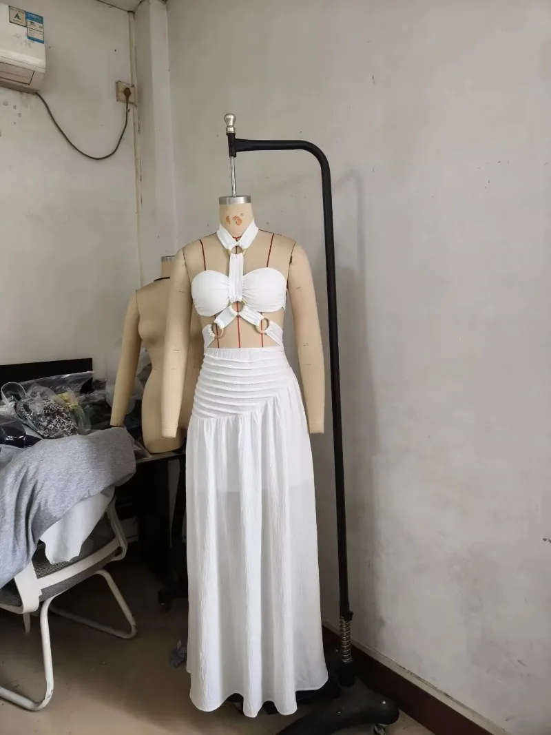 Elegant Evening 2 Piece Dress Set Woman Sexy Backless Halter Tops and Long Skirt Matching Summer Birthday Party Outfits