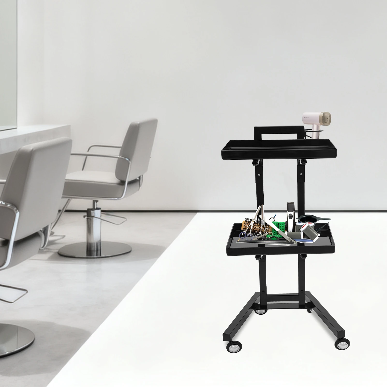 

Salon Trolley, Beauty Salon Rolling Cart with Hair Dryer Holder, 3-Tier Mobile Storage Organizer for Hairdressing Makeup Tools