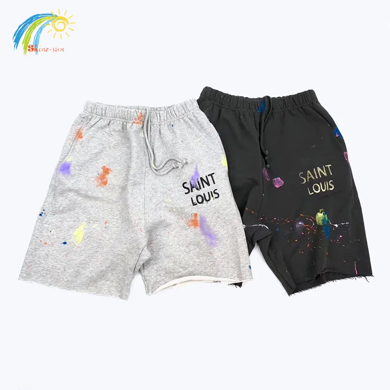 2024 Summer Style Best Quality Cotton Drawstring Breeches Men Women Casual Vintage Gray Splash Ink Graffiti Saint Louis Shorts