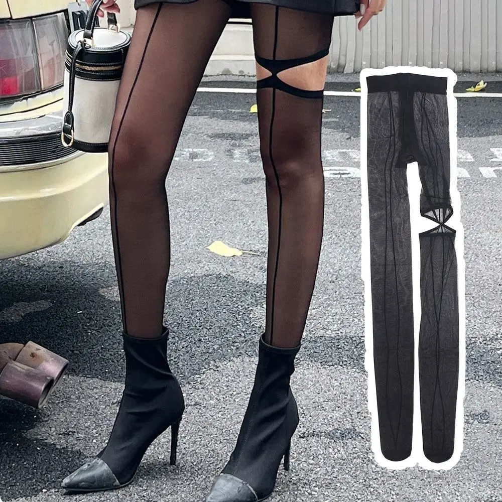

NEW Personality High Pantyhose Asymmetry Hollow Out Female Stockings Leggings Perspective Vertical Line Tights Girl