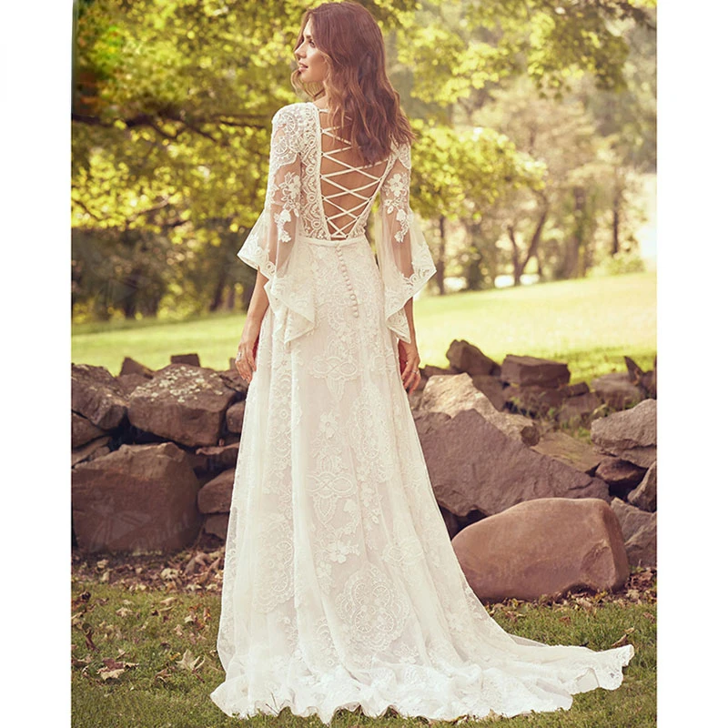 A Line Boho Wedding Dress Lace V Neck Lace Open Back Three Quarter Flare Sleeve Bridal Gown  Custom Made robe de mariée 2023