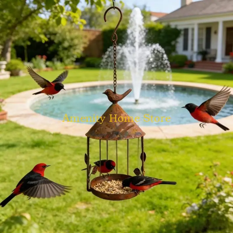 F26C Hanging Metal Bird Tray for Outdoor Garden Use, Brown Roofed Design with Top Hanger and Chain, Open Round Base for Tree