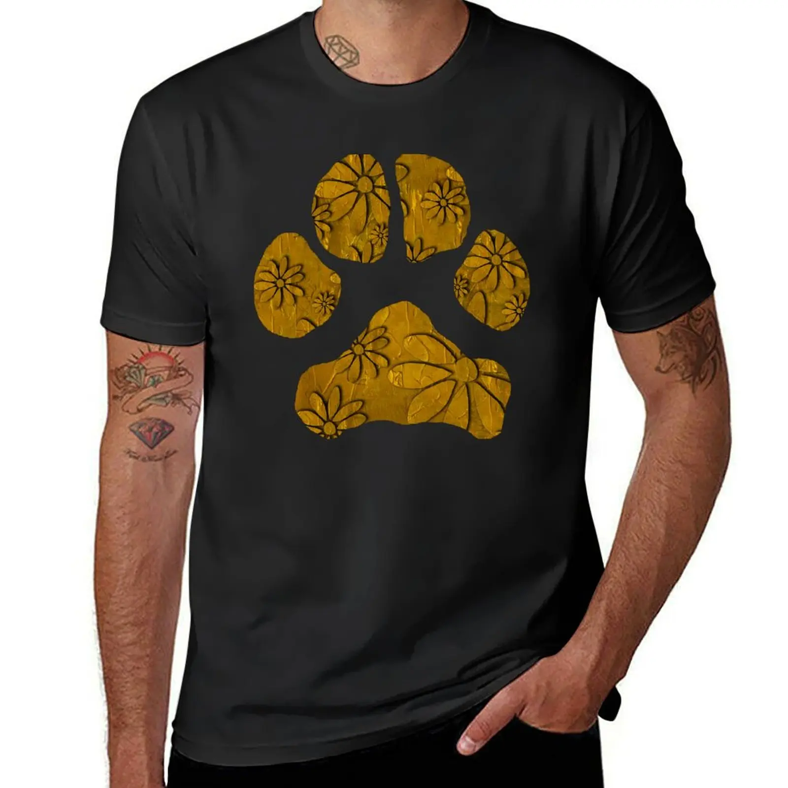 Golden Dancing Daisies Gold Dog Paw T-Shirt animal prinfor boys oversized korean fashion kawaii clothes workout shirts for men