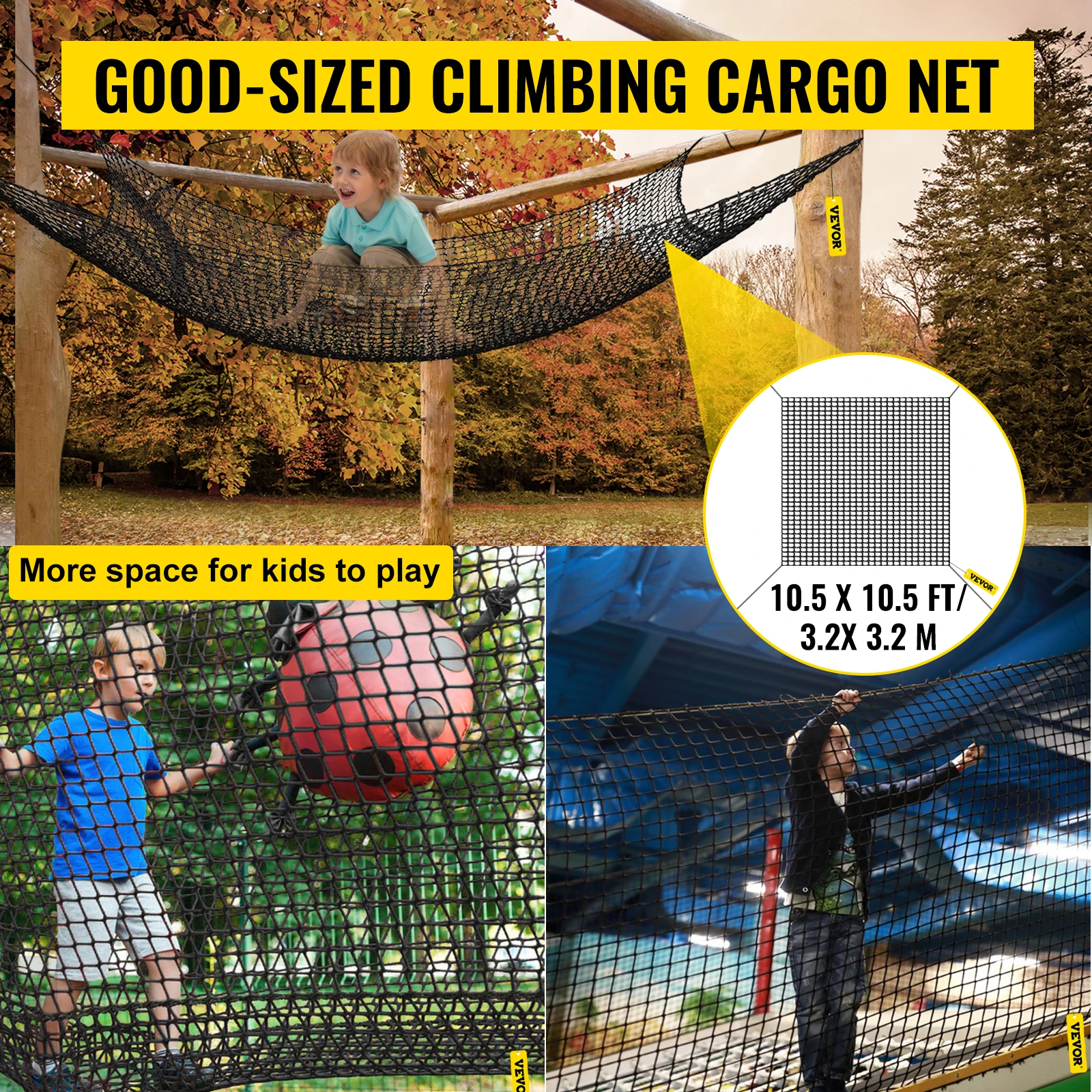 VEVOR Climbing Cargo Net Playground Climbing Cargo Net 10.5 x 10.5/14.8 x 14.8/6.6 x 10.5ft Black/Rainbow Swings Slides & Gyms