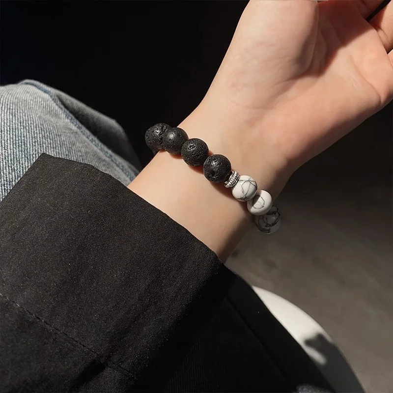 Elastic Beaded Bracelet Black Lava Rock White Howlite Round Beads Contrast Color Simple Unisex Daily Wrist Band